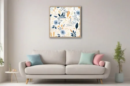 Boho botanical pattern with blue roses, amber leaves, and sprigs on cream