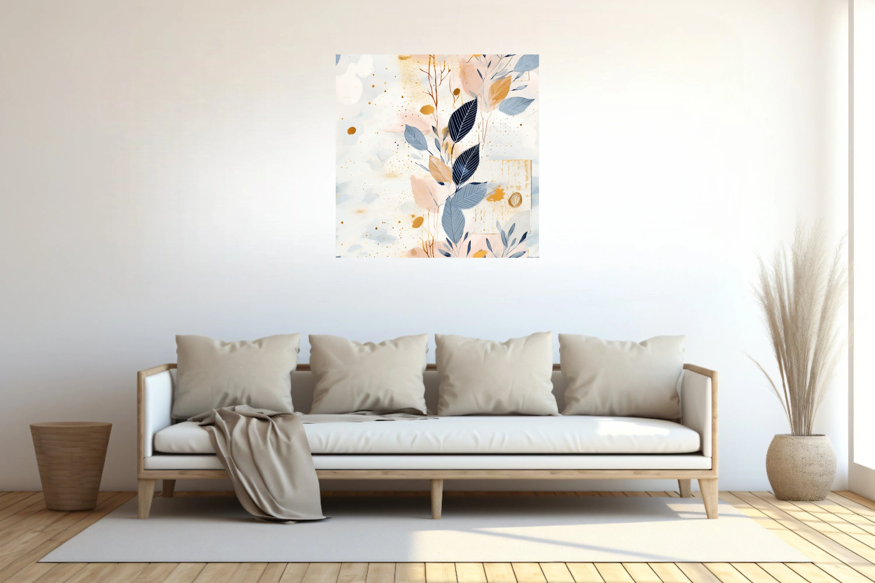 Abstract botanical art with navy leaves, gold spatter, and soft blush watercolor washes