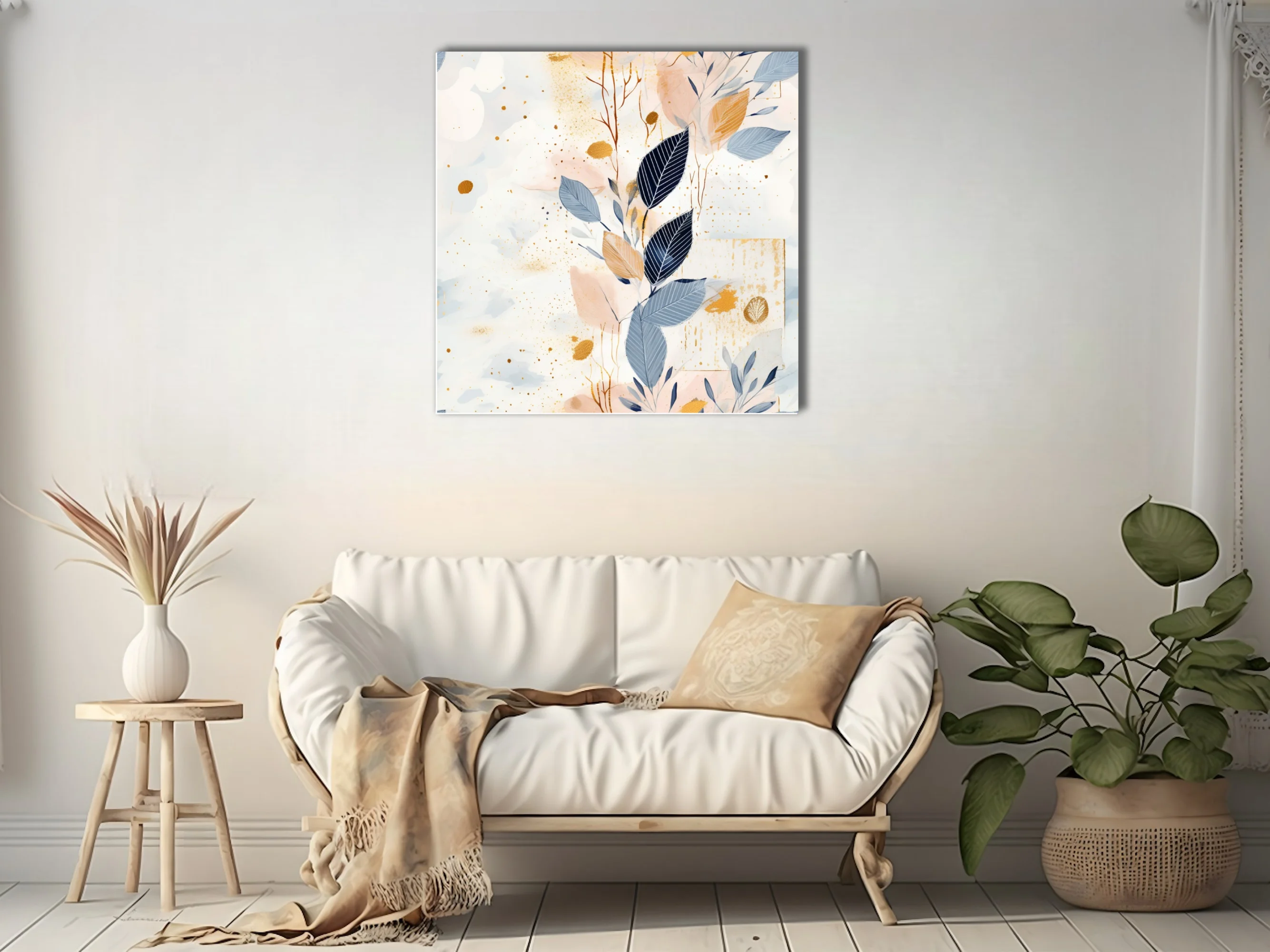 Abstract botanical art with navy leaves, gold spatter, and soft blush watercolor washes