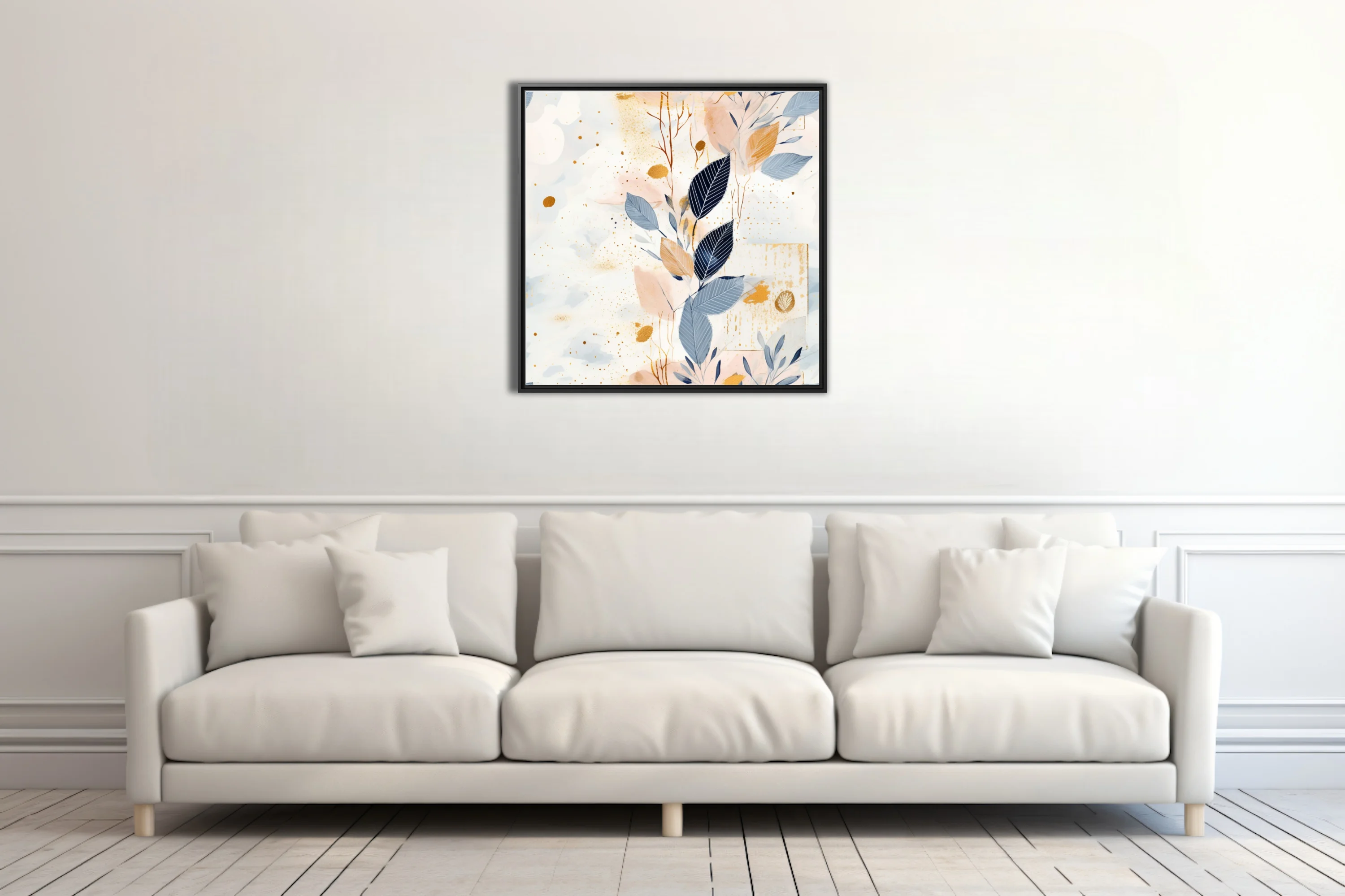 Abstract botanical art with navy leaves, gold spatter, and soft blush watercolor washes
