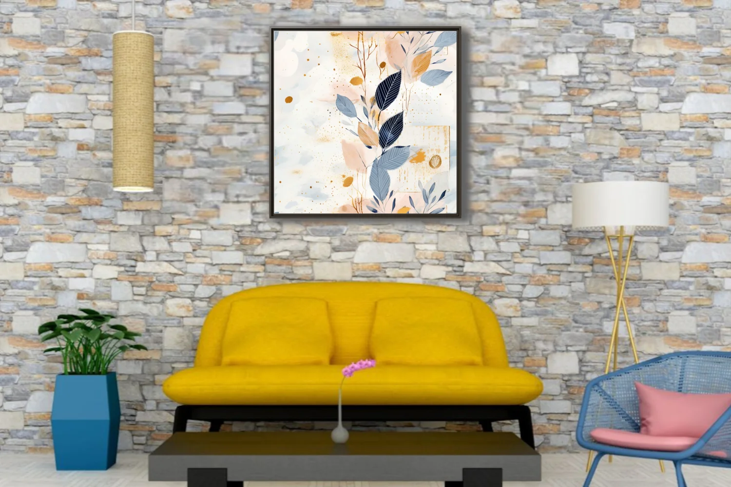 Abstract botanical art with navy leaves, gold spatter, and soft blush watercolor washes