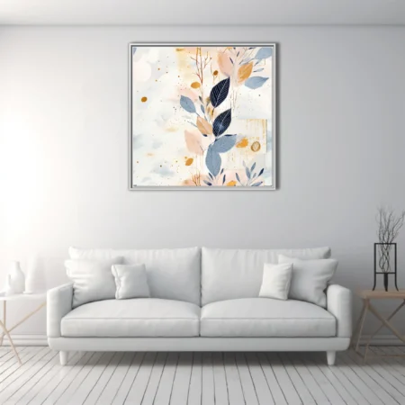 Abstract botanical art with navy leaves, gold spatter, and soft blush watercolor washes