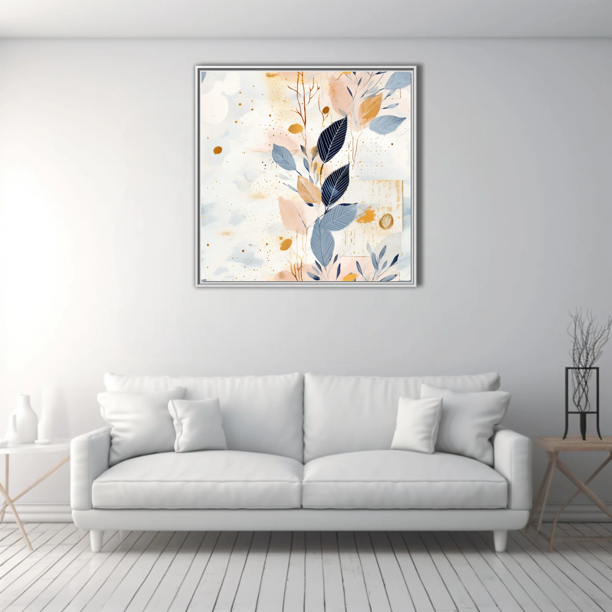 Abstract botanical art with navy leaves, gold spatter, and soft blush watercolor washes