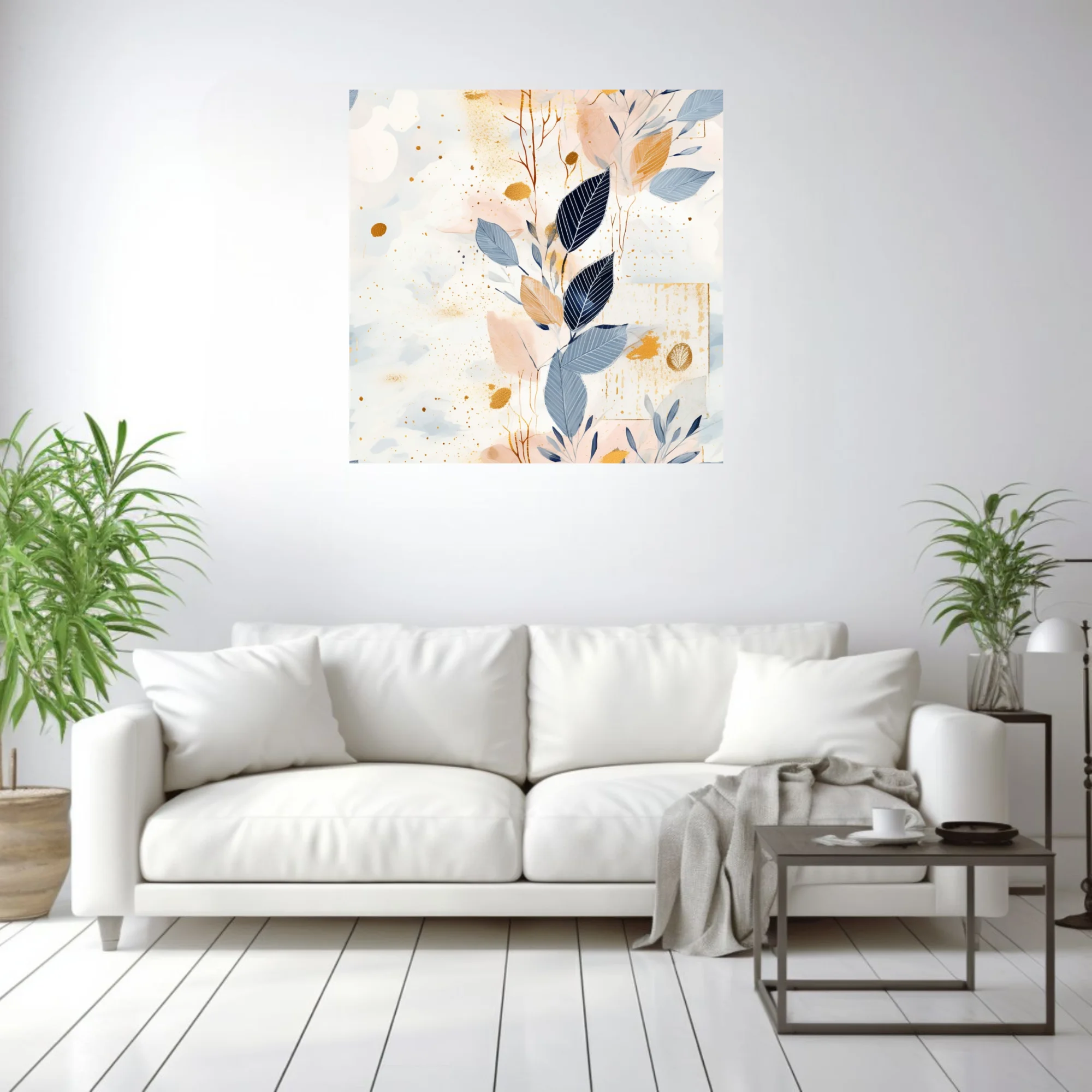Abstract botanical art with navy leaves, gold spatter, and soft blush watercolor washes