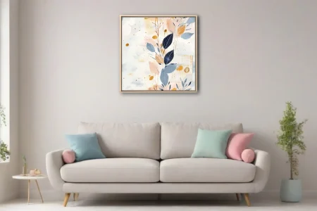 Abstract botanical art with navy leaves, gold spatter, and soft blush watercolor washes
