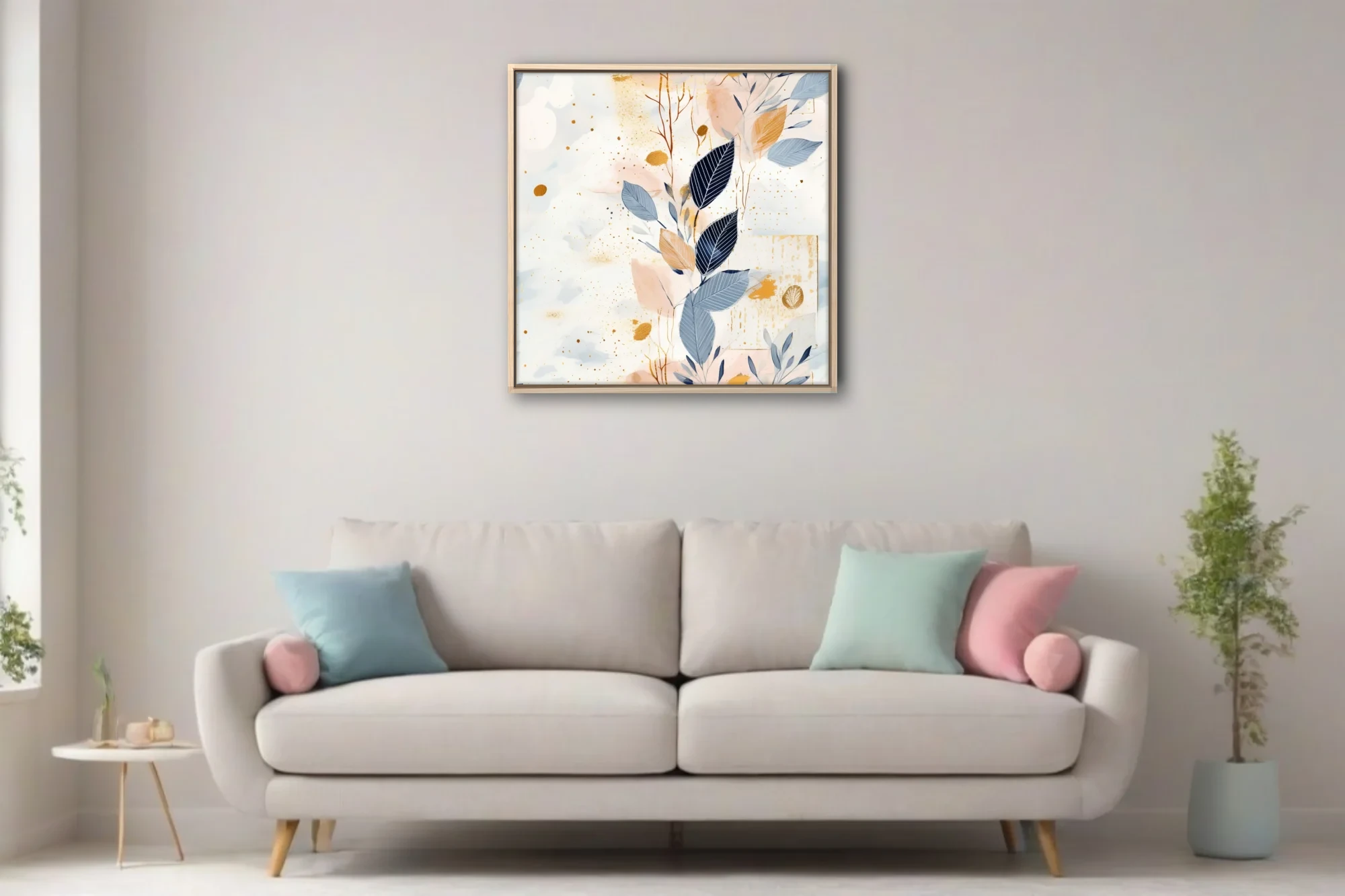 Abstract botanical art with navy leaves, gold spatter, and soft blush watercolor washes