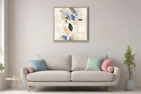 Boho abstract botanical art with indigo and gold leaves on cream watercolor-wash background