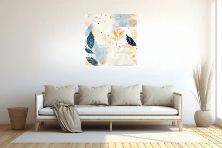 Boho abstract botanical art with navy leaves, gold splatter, and soft watercolor washes