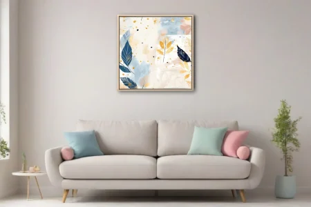 Boho abstract botanical art with navy leaves, gold splatter, and soft watercolor washes