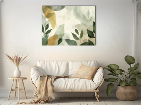 Watercolor-style abstract botanical art with sage green and gold leaf motifs on cream