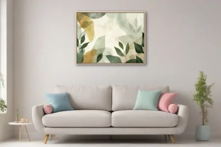 Watercolor-style abstract botanical art with sage green and gold leaf motifs on cream