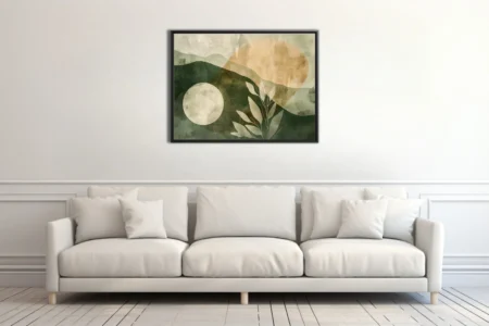 Boho abstract landscape with celestial forms and botanical motifs in sage green and amber