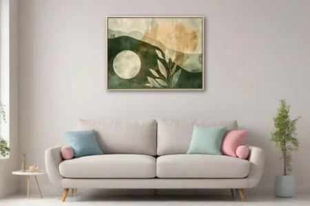 Boho abstract landscape with celestial forms and botanical motifs in sage green and amber