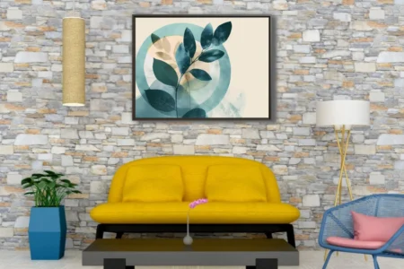 Abstract botanical teal leaves with concentric circle watercolor-style composition