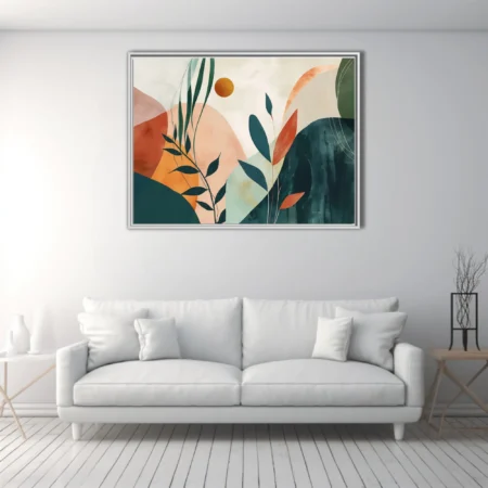 Boho abstract botanical art with teal, terracotta, and blush geometric shapes and leafy stems