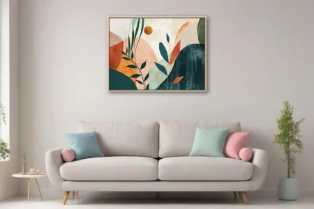 Boho abstract botanical art with teal, terracotta, and blush geometric shapes and leafy stems