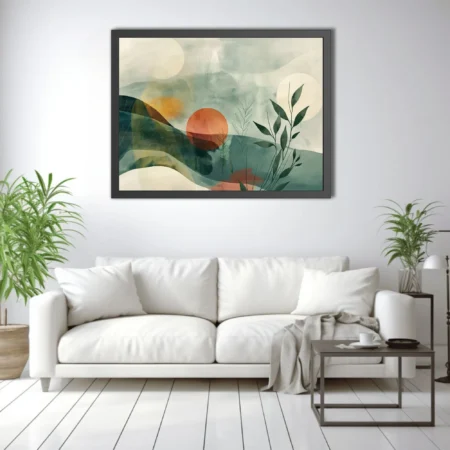 Abstract landscape with botanical motifs, teal washes, and terracotta celestial form