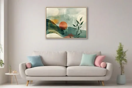 Abstract landscape with botanical motifs, teal washes, and terracotta celestial form