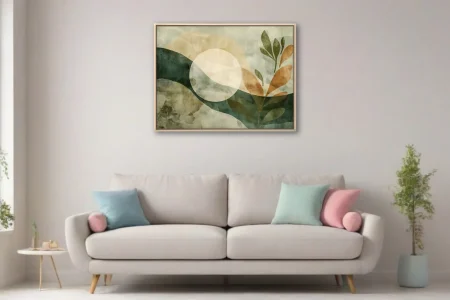 Boho abstract botanical composition with sage green waves, terracotta leaves, and cream orbs