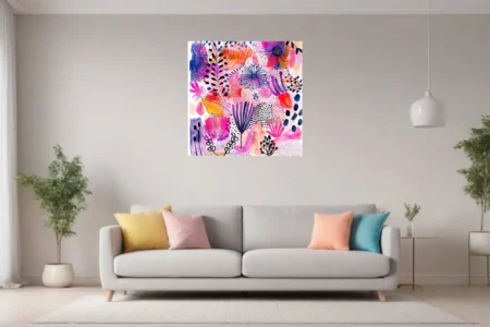 Bold abstract floral illustration with magenta, cobalt, and orange watercolor-style washes