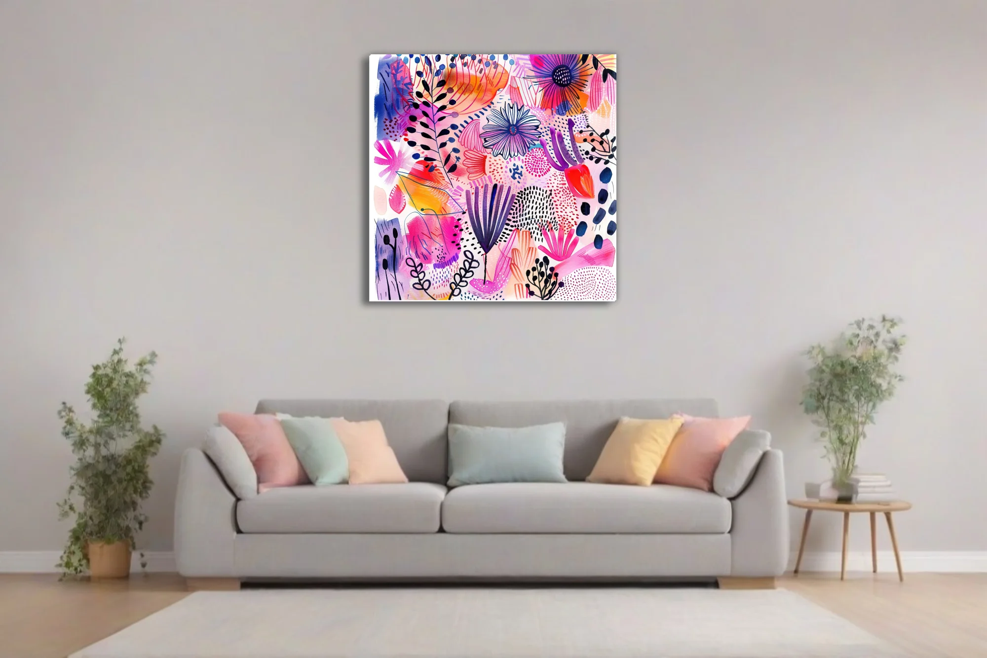 Bold abstract floral illustration with magenta, cobalt, and orange watercolor-style washes