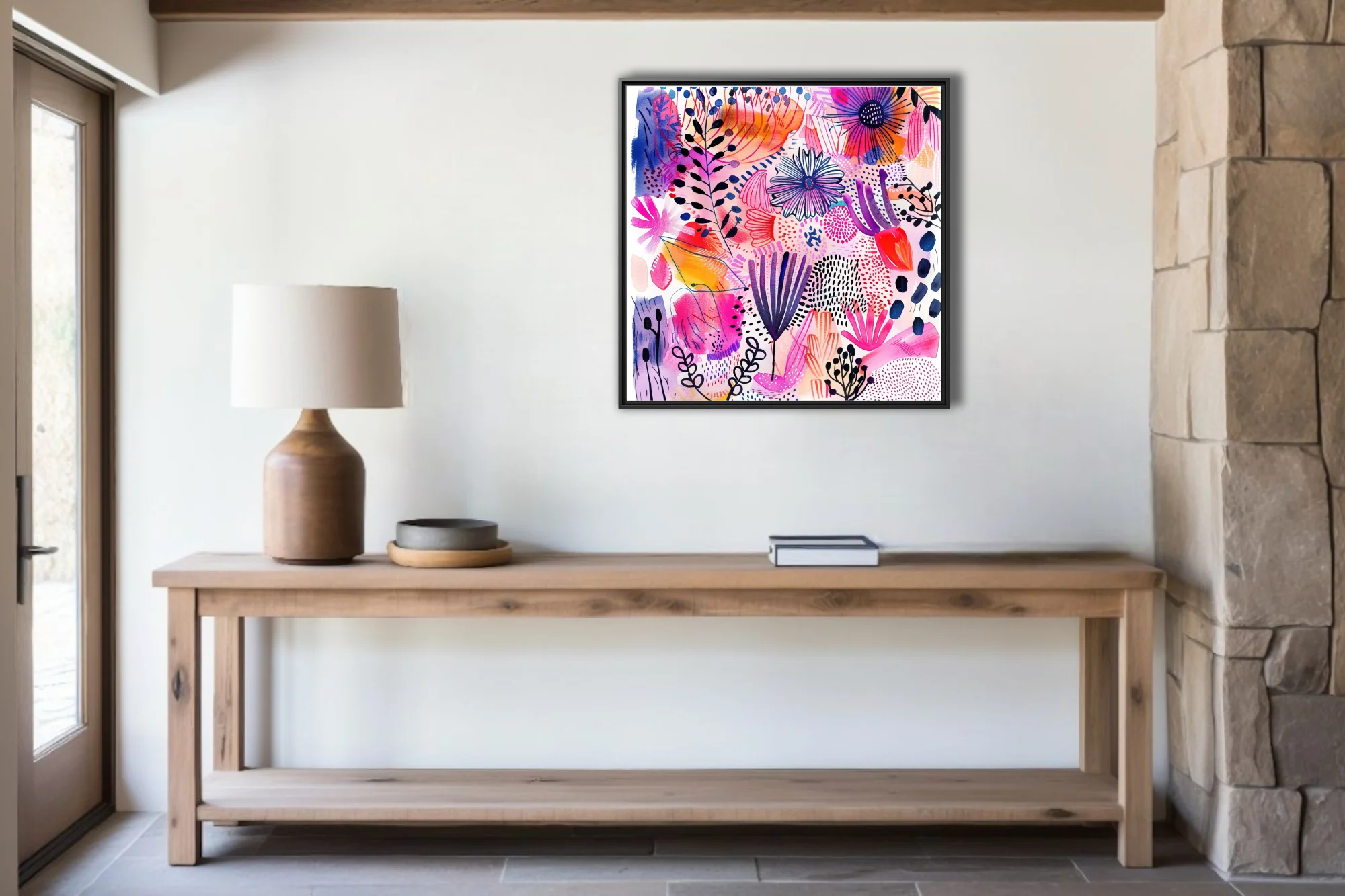 Bold abstract floral illustration with magenta, cobalt, and orange watercolor-style washes