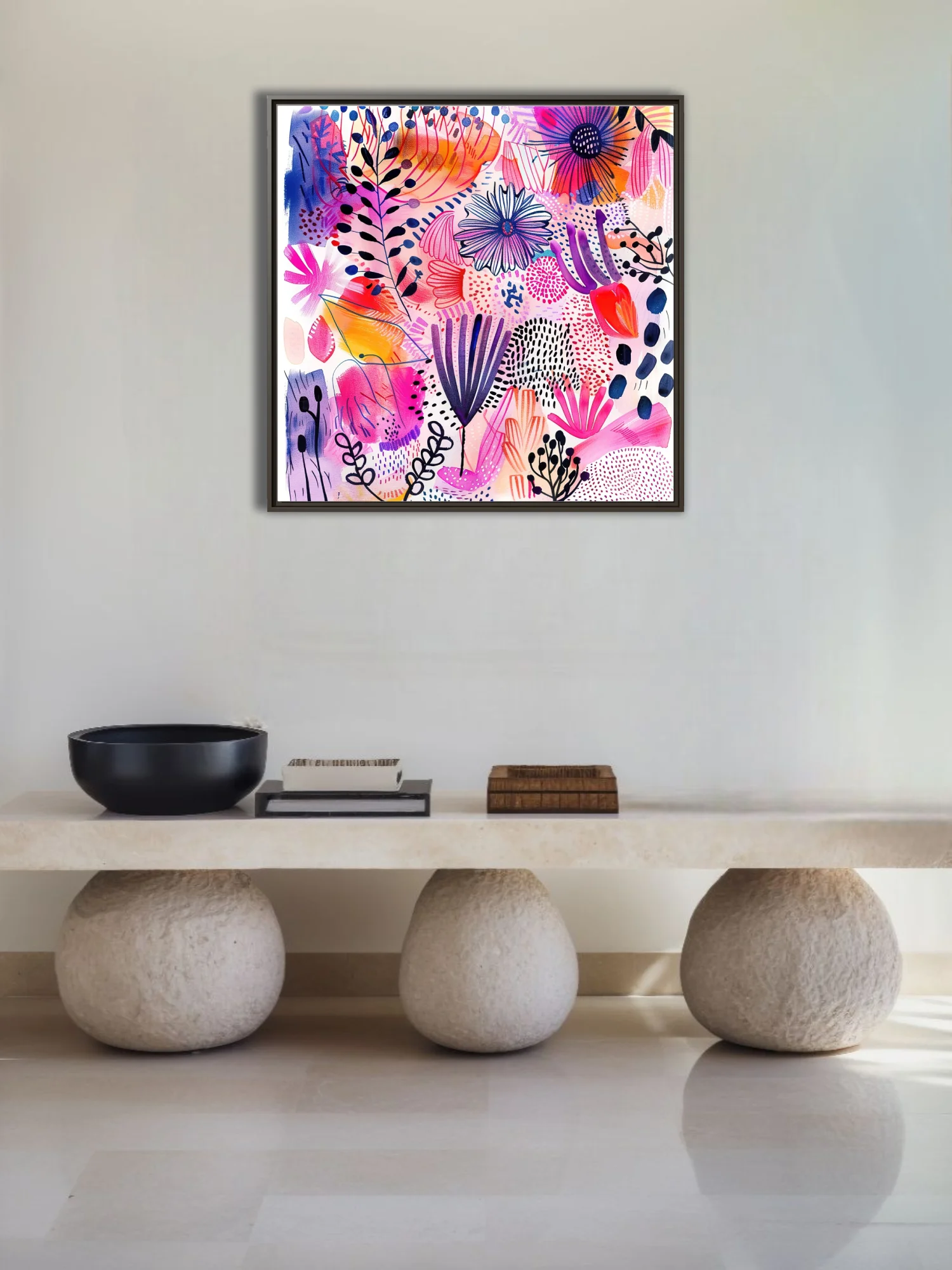 Bold abstract floral illustration with magenta, cobalt, and orange watercolor-style washes