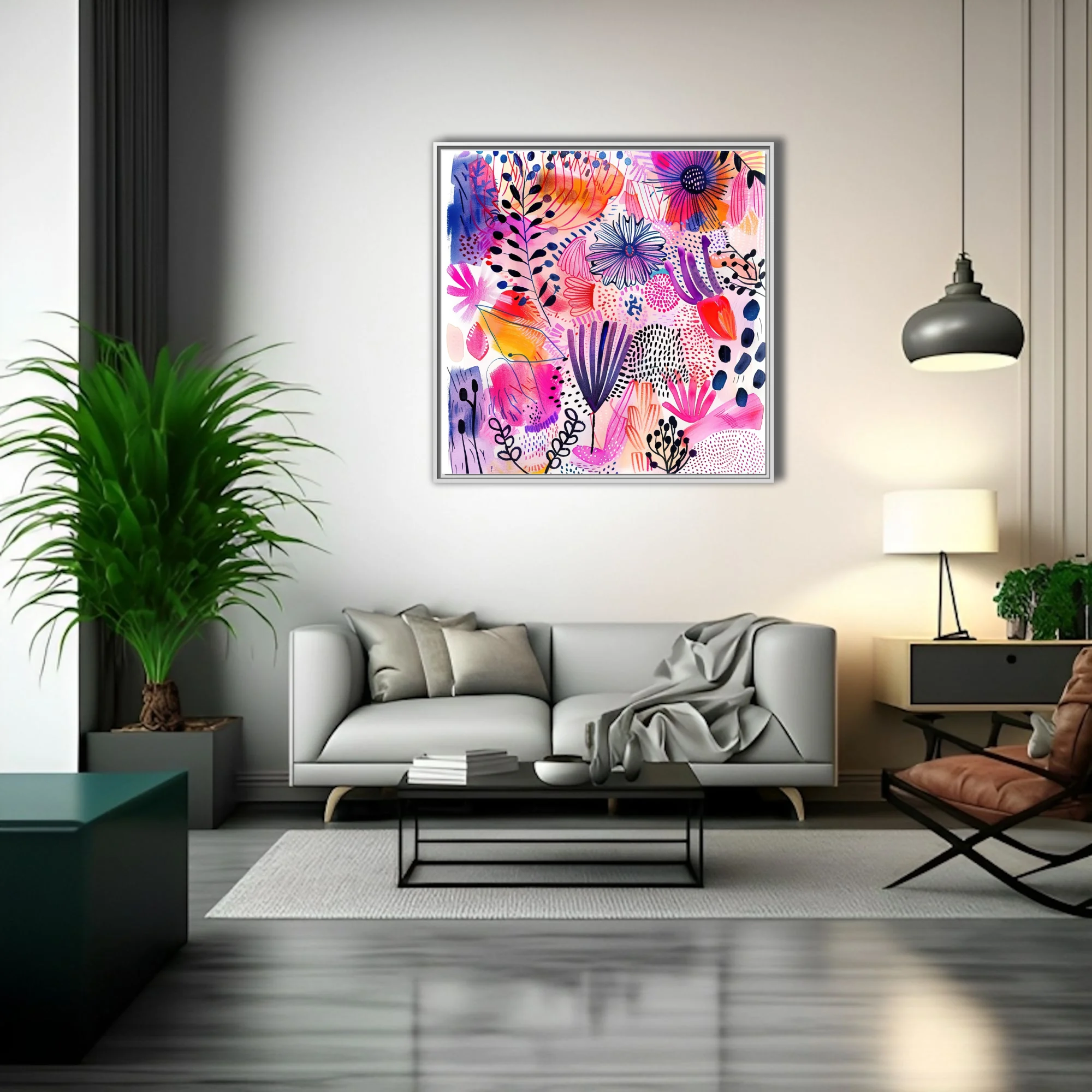 Bold abstract floral illustration with magenta, cobalt, and orange watercolor-style washes