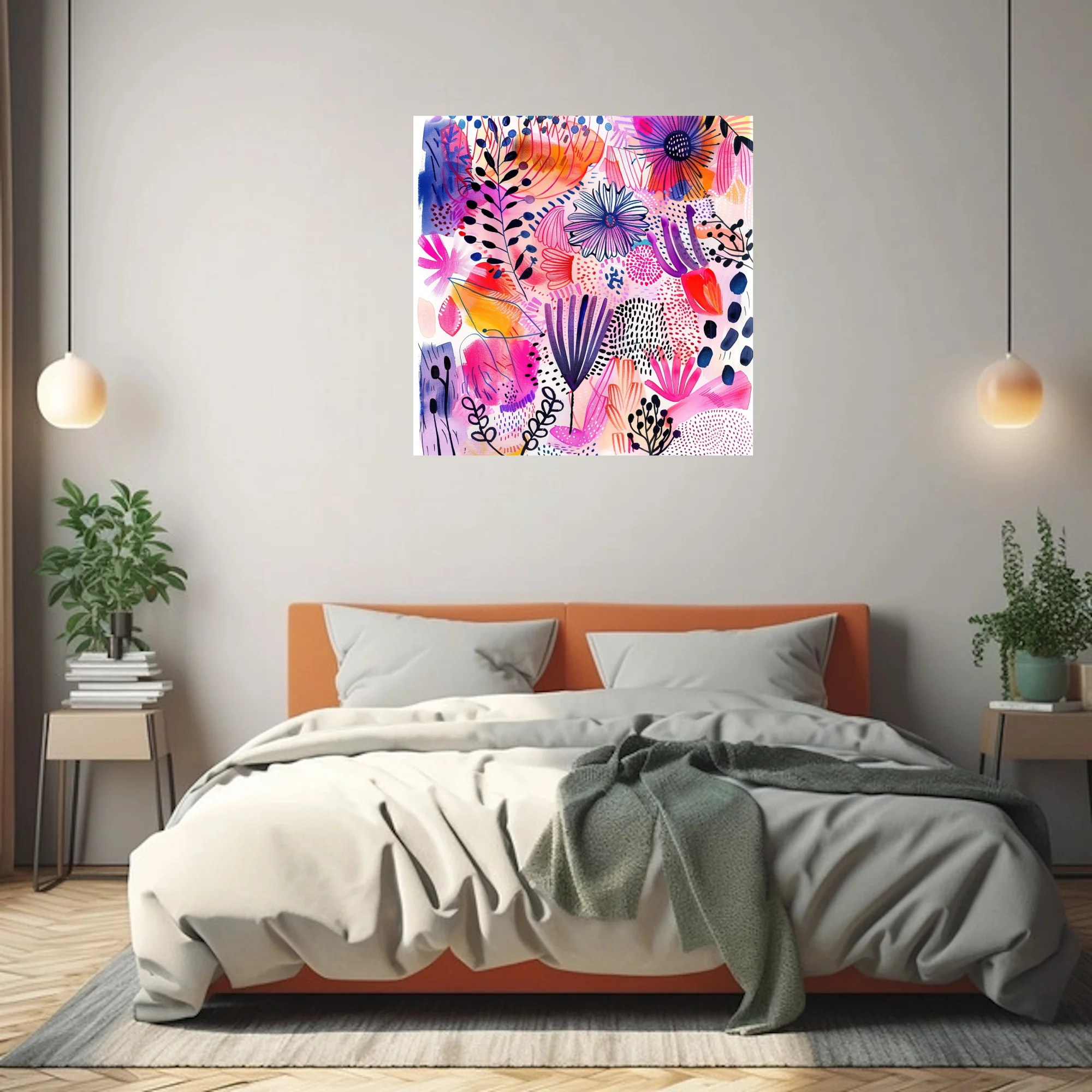 Bold abstract floral illustration with magenta, cobalt, and orange watercolor-style washes