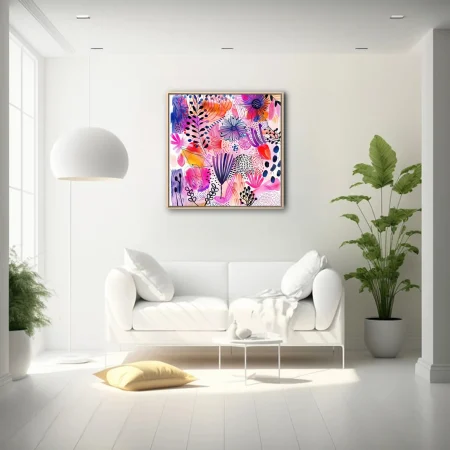 Bold abstract floral illustration with magenta, cobalt, and orange watercolor-style washes