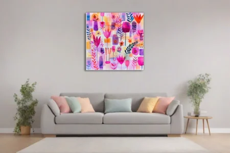 Abstract botanical watercolor-style art with magenta florals and violet color blocks