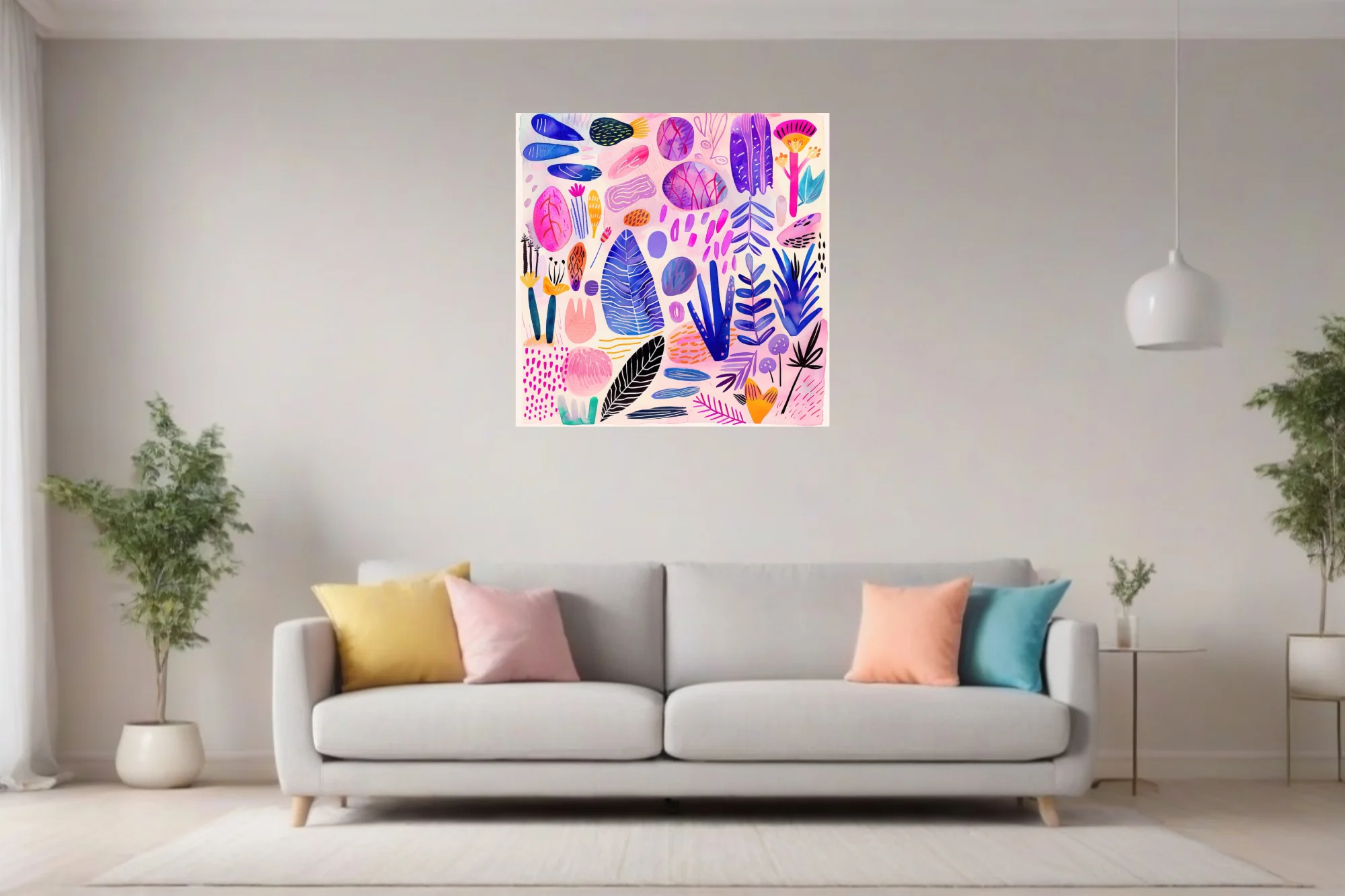 Abstract botanical scatter watercolor-style pink blue purple leafy motifs on blush