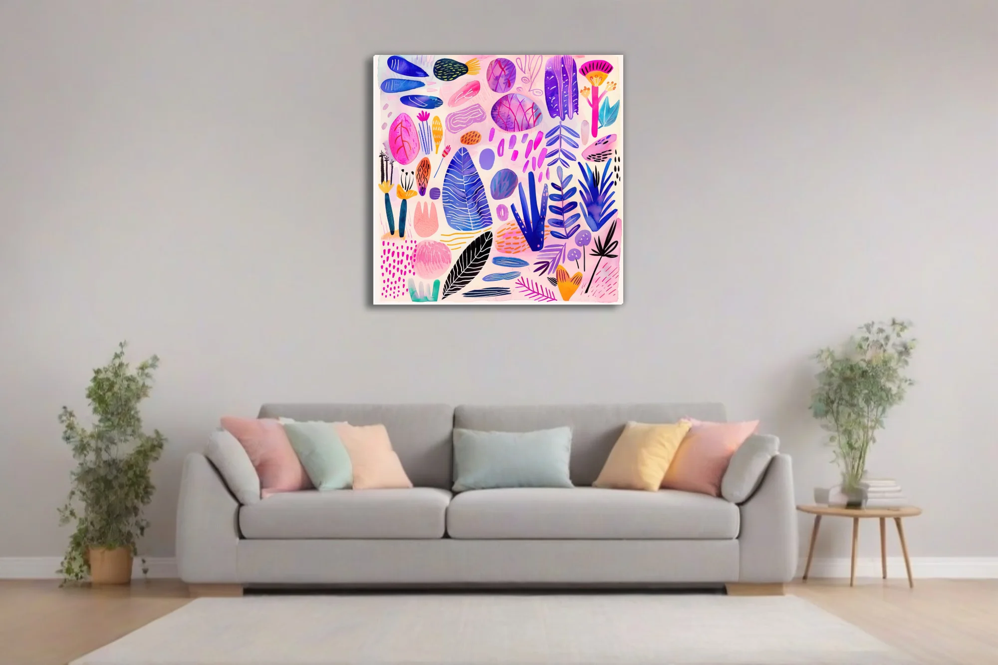 Abstract botanical scatter watercolor-style pink blue purple leafy motifs on blush
