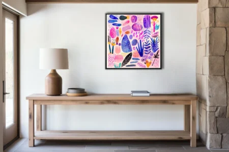 Abstract botanical scatter watercolor-style pink blue purple leafy motifs on blush