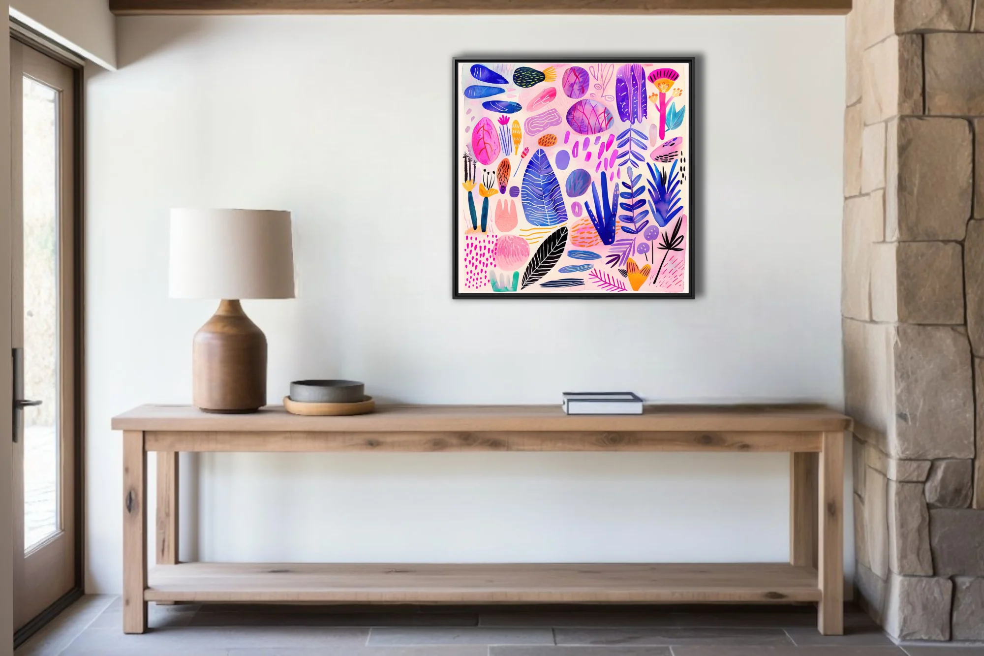Abstract botanical scatter watercolor-style pink blue purple leafy motifs on blush