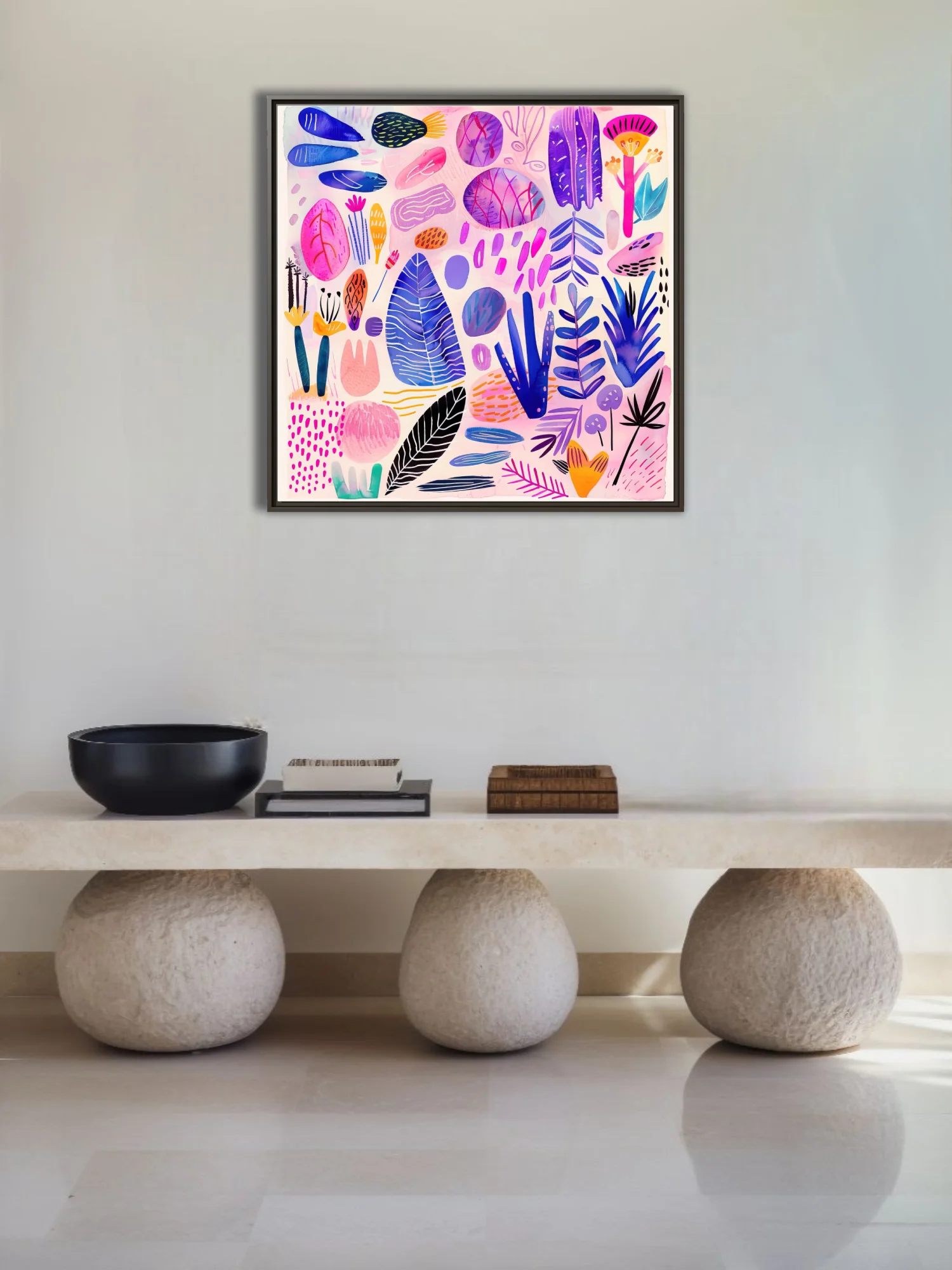 Abstract botanical scatter watercolor-style pink blue purple leafy motifs on blush
