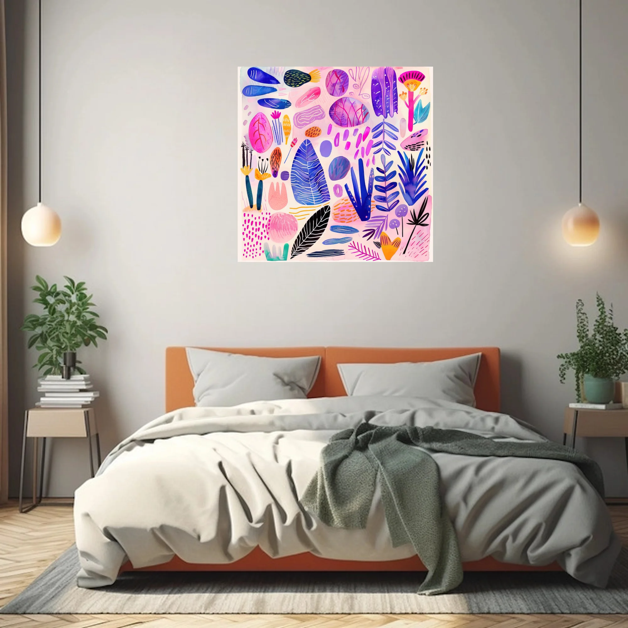 Abstract botanical scatter watercolor-style pink blue purple leafy motifs on blush