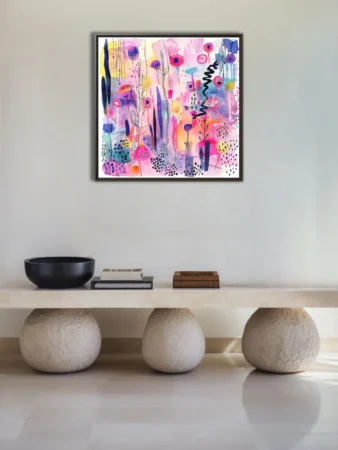 Abstract botanical art with fuchsia, violet, and yellow watercolor-style washes