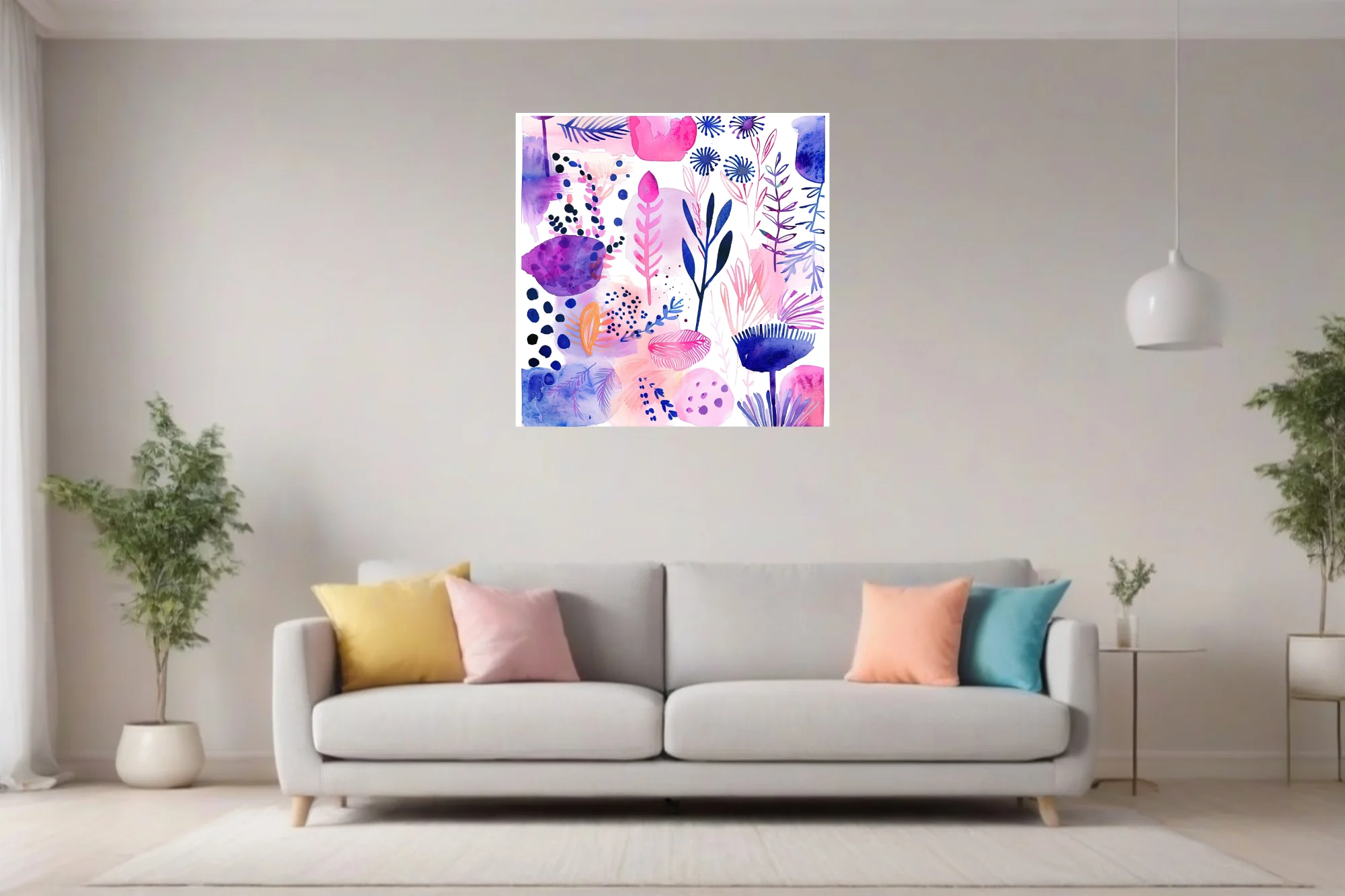 Abstract botanical watercolor-style art in pink, purple, and navy with floral and leaf motifs