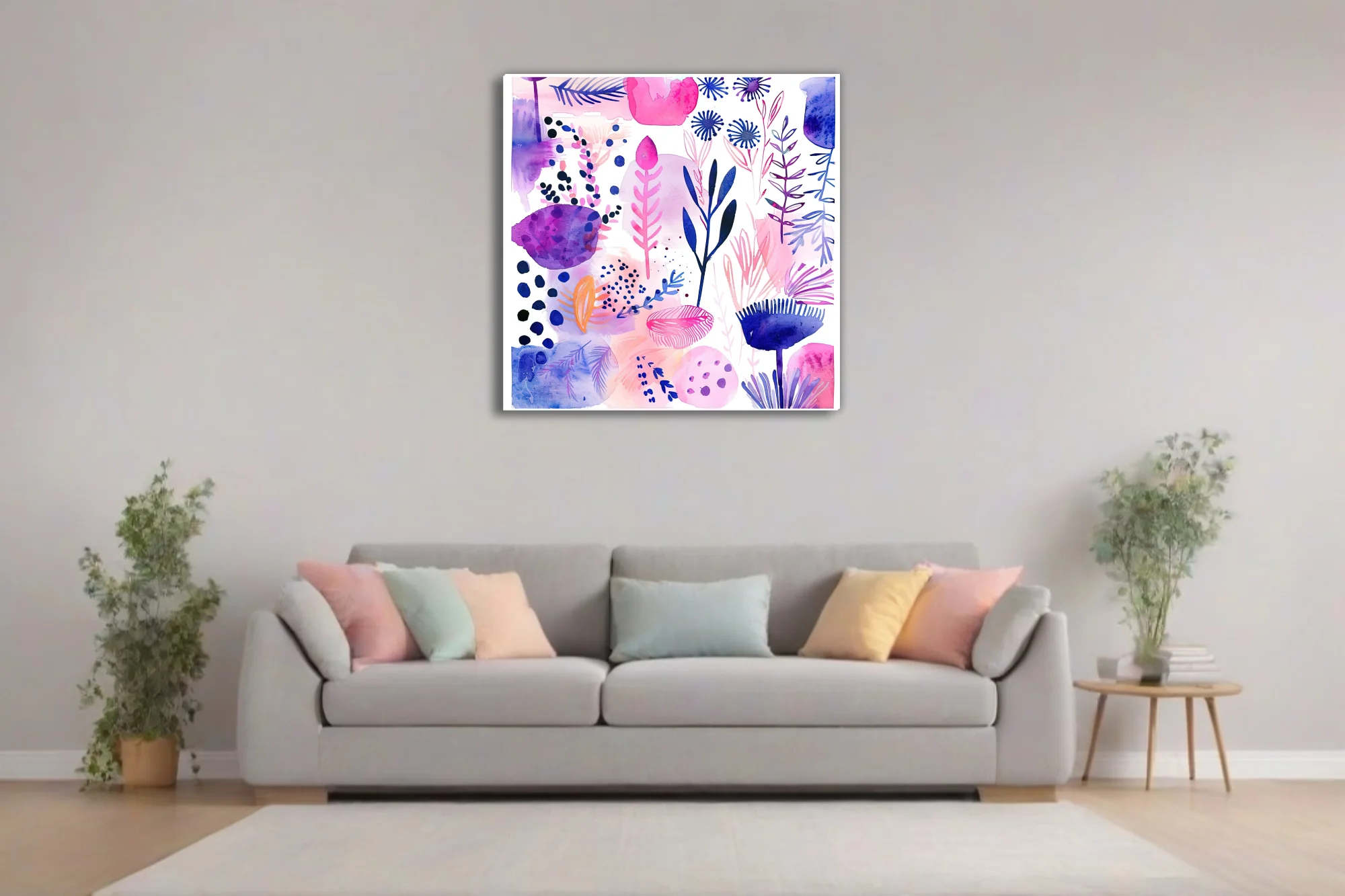 Abstract botanical watercolor-style art in pink, purple, and navy with floral and leaf motifs