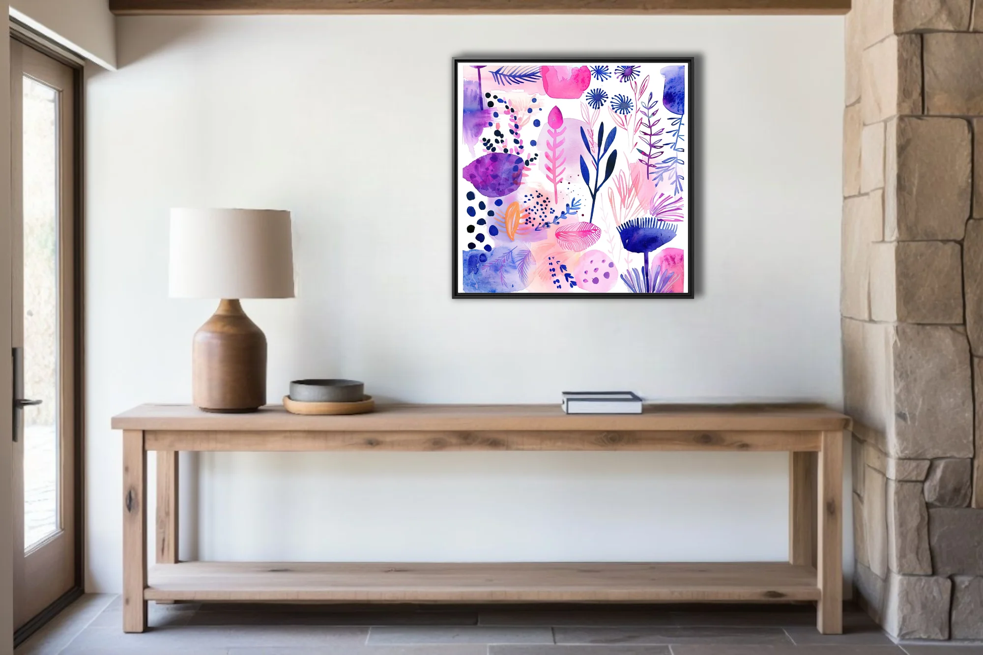 Abstract botanical watercolor-style art in pink, purple, and navy with floral and leaf motifs