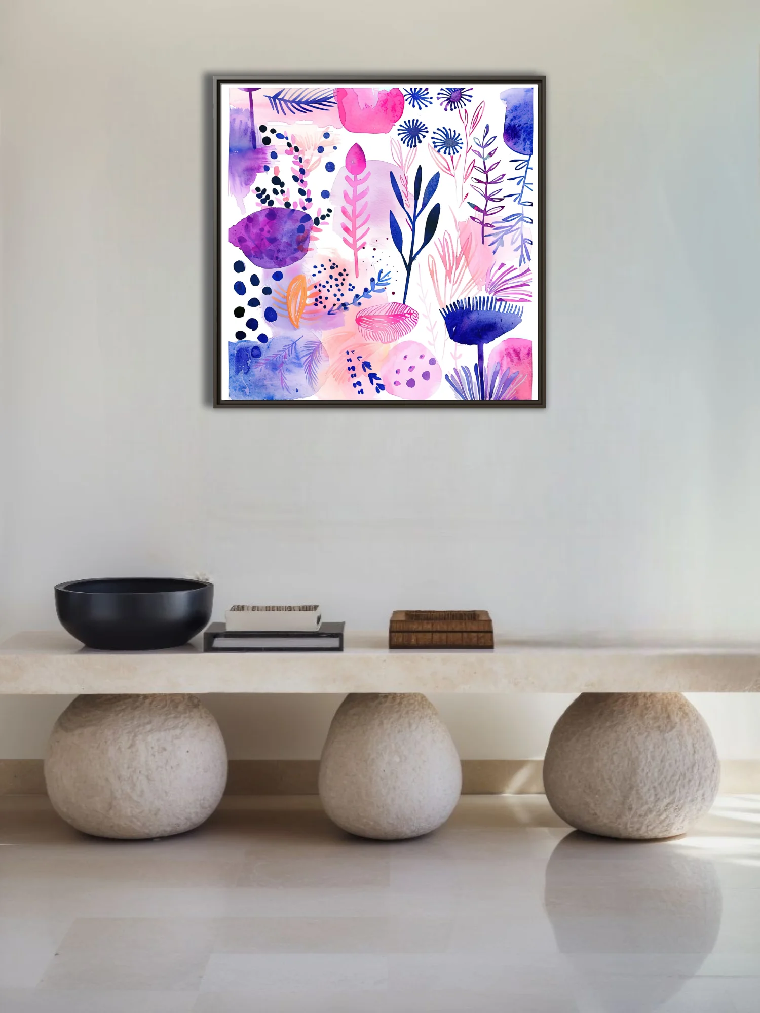 Abstract botanical watercolor-style art in pink, purple, and navy with floral and leaf motifs