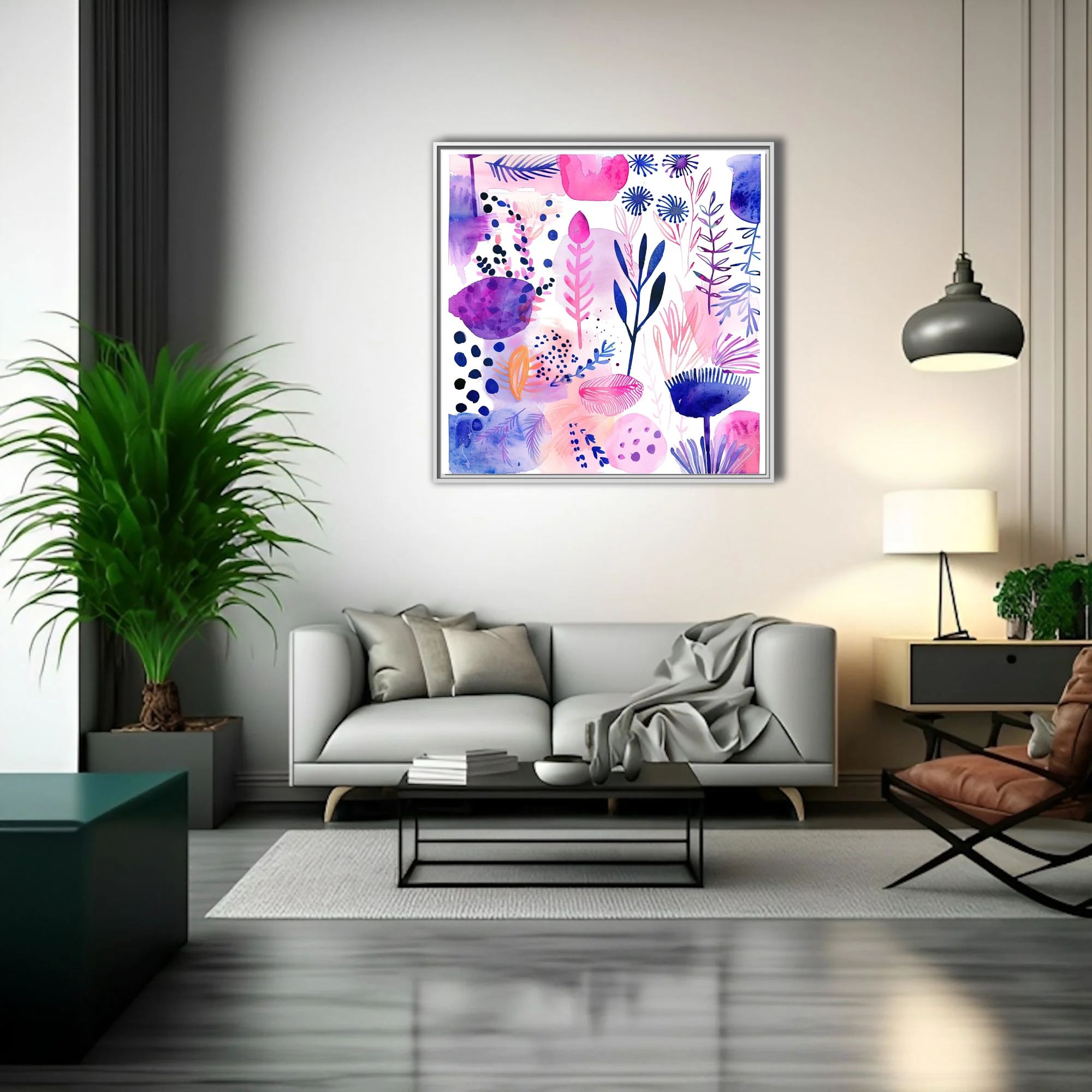 Abstract botanical watercolor-style art in pink, purple, and navy with floral and leaf motifs