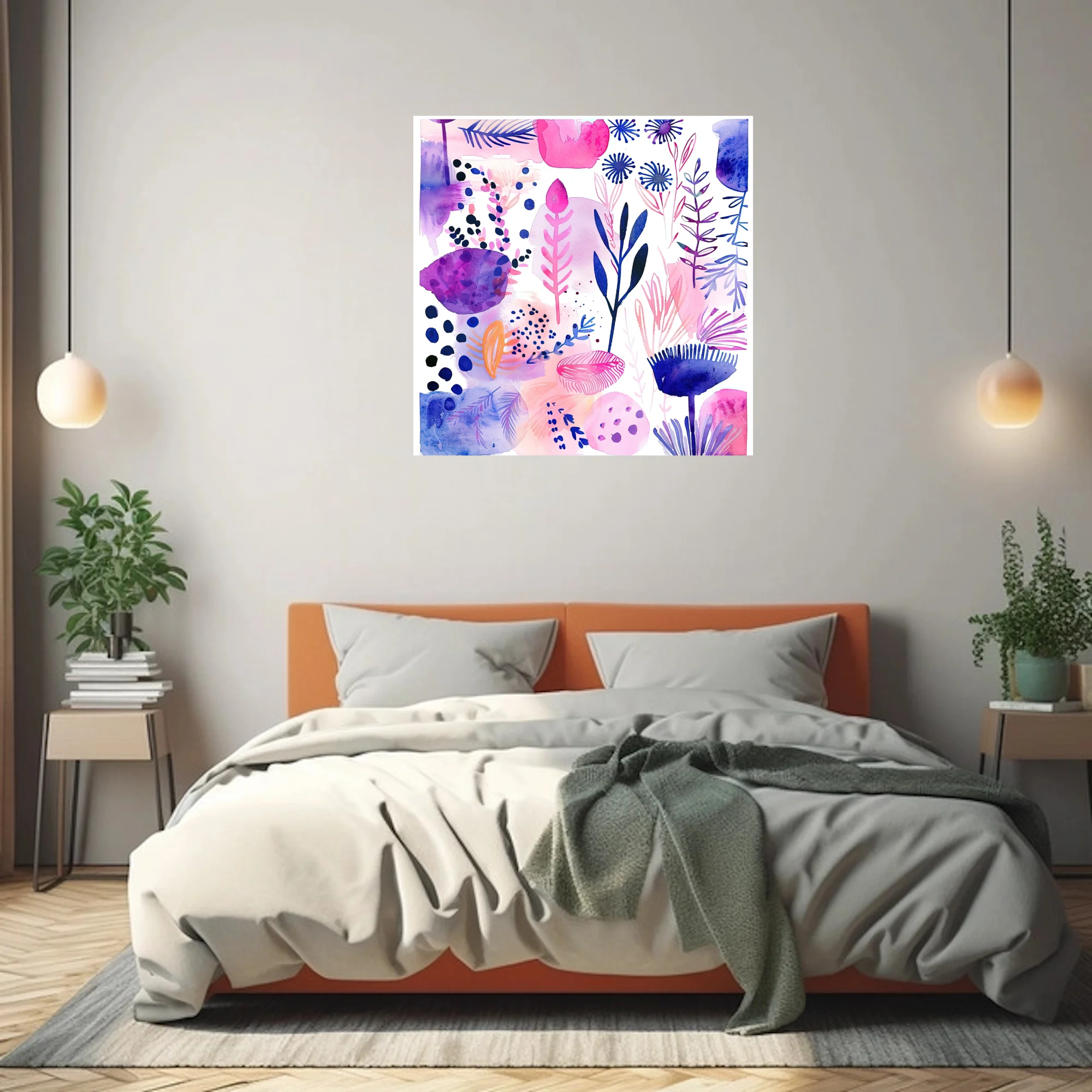Abstract botanical watercolor-style art in pink, purple, and navy with floral and leaf motifs