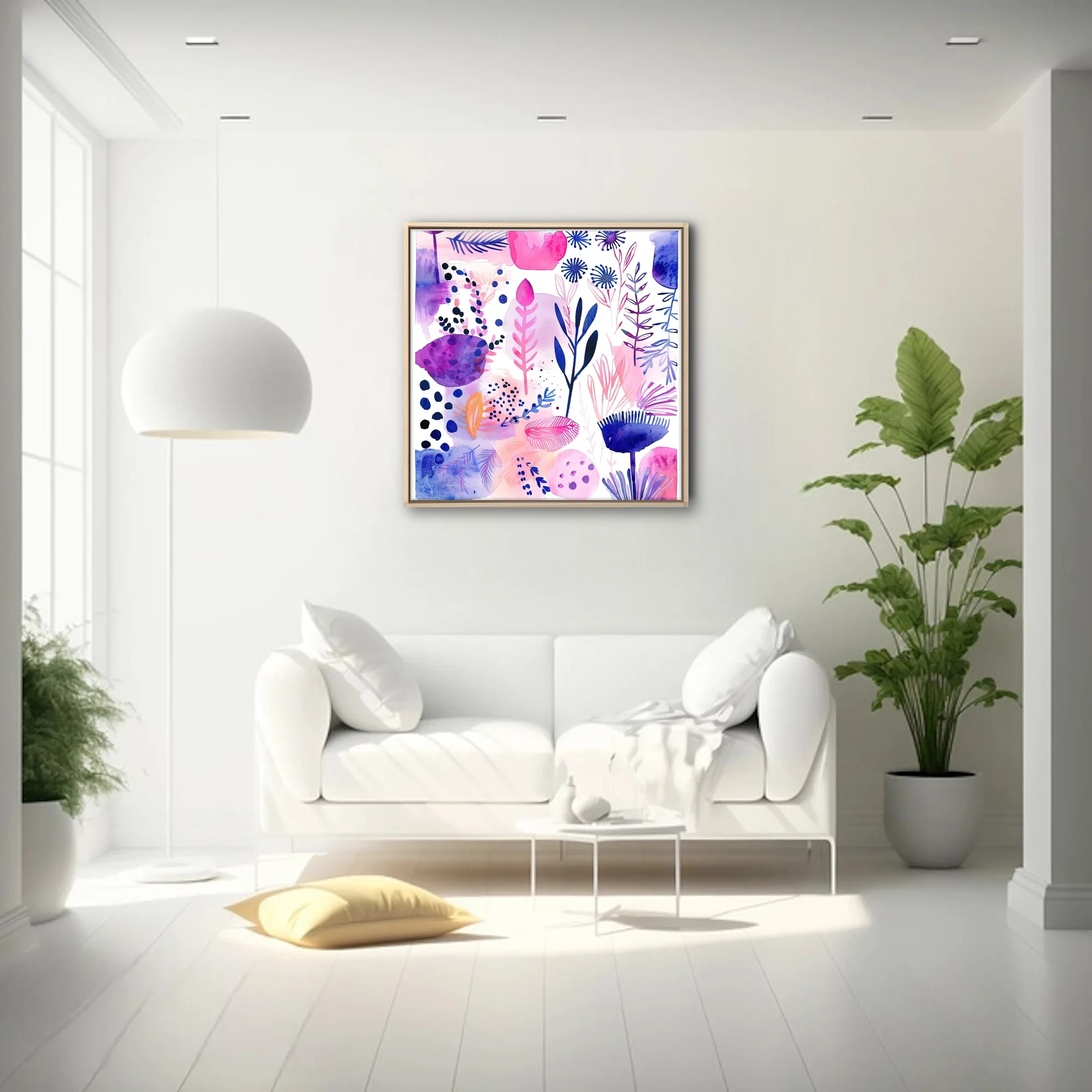 Abstract botanical watercolor-style art in pink, purple, and navy with floral and leaf motifs