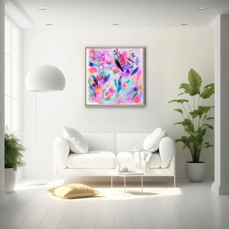 Vibrant abstract botanical art with watercolor washes, ink geometry, and floral motifs in pink and purple