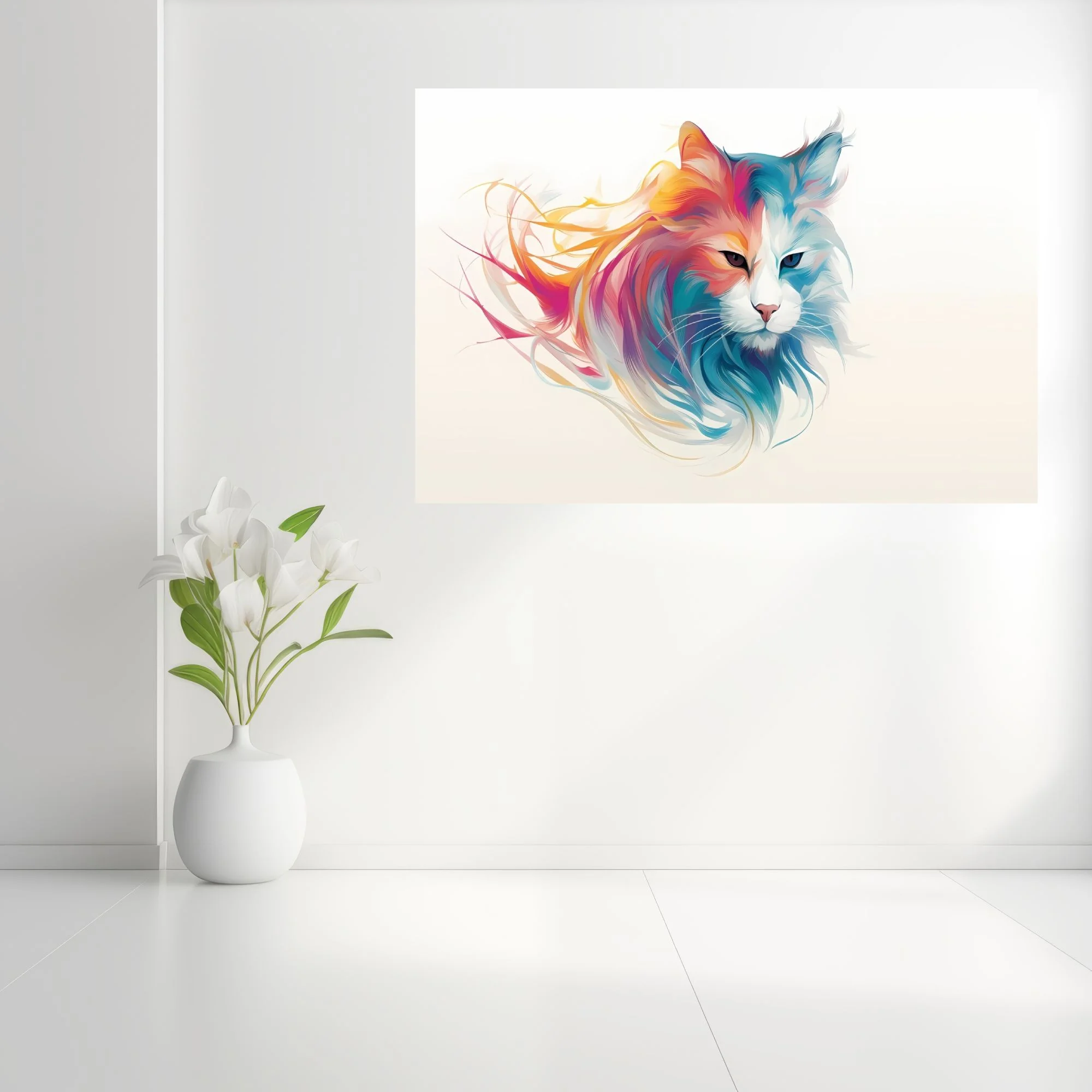 Abstract long-haired cat portrait in vivid teal and coral watercolor-style swirls
