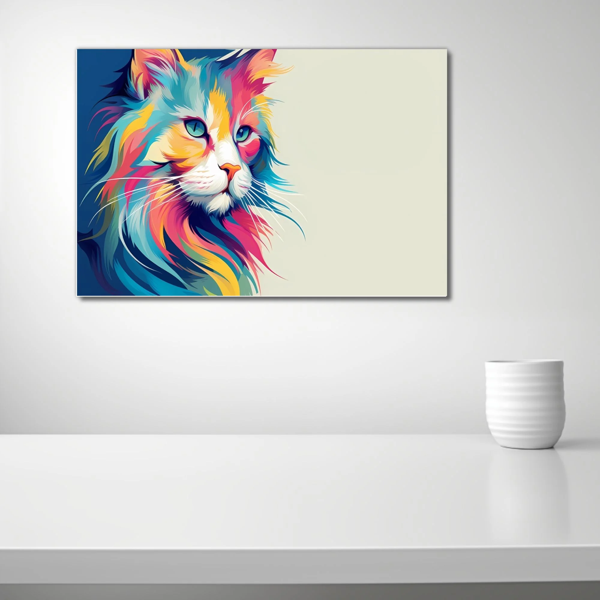 Colorful abstract cat portrait with vivid pop-style flair in blue, pink, and yellow
