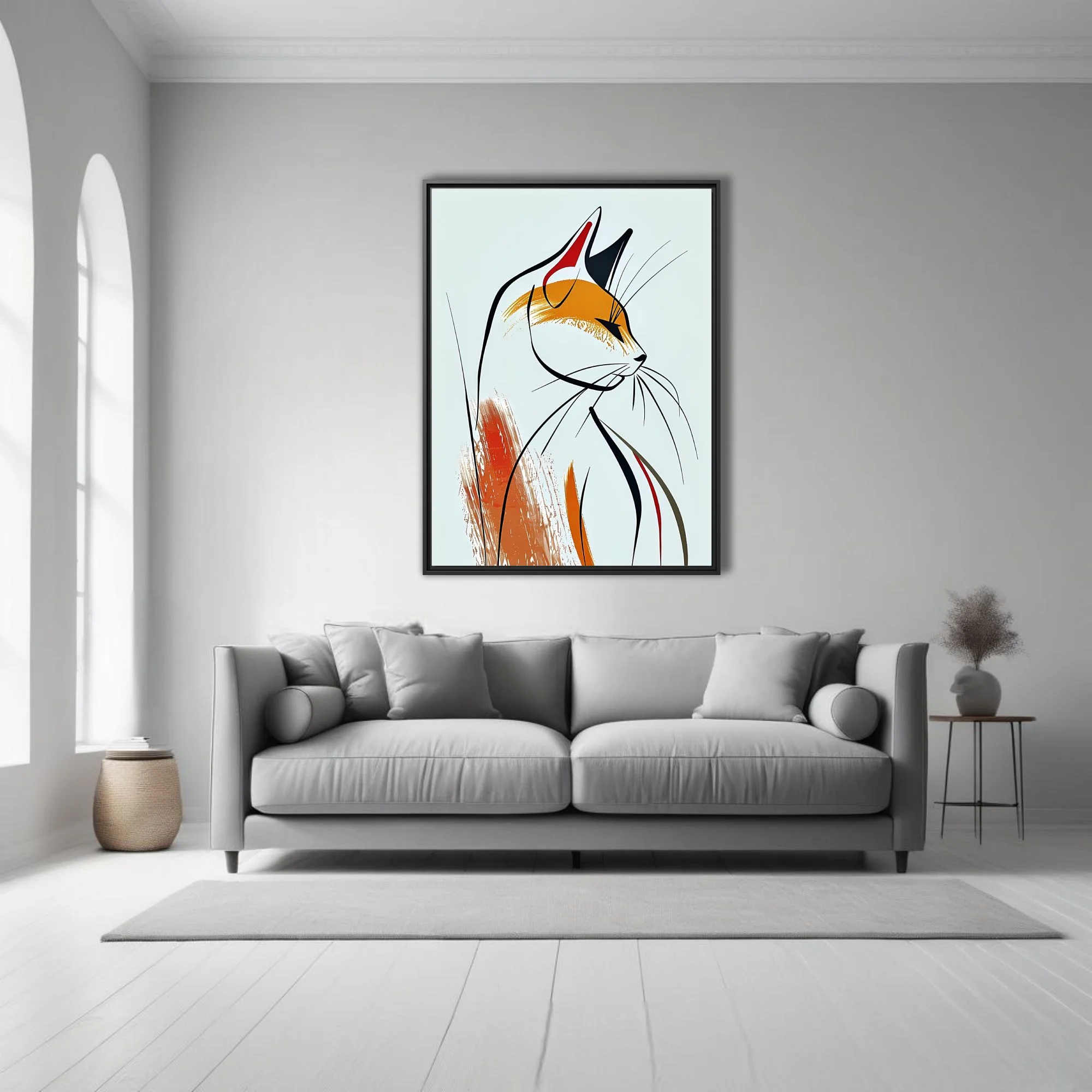 Minimalist abstract cat illustration with fluid amber and black line art
