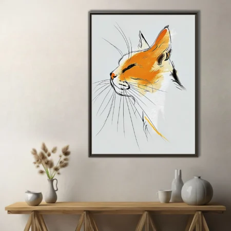 Abstract orange cat portrait with expressive ink-style linework on pale grey background